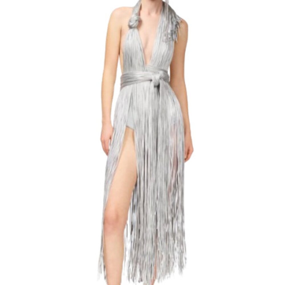 NWT AREA Metallic Fringe Halter Midi Dress XS